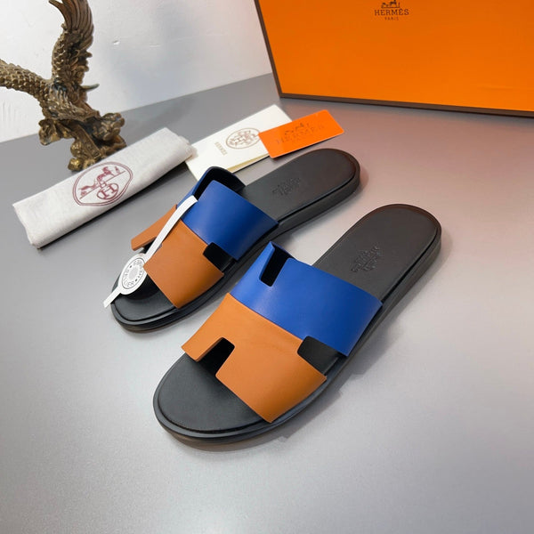 Pantofole HM Oran in pelle di vitello blu e arancione 735647