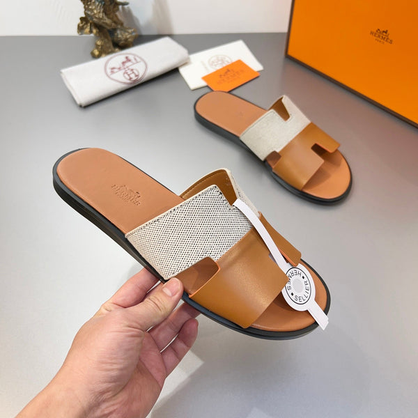 HM Oran Slippers in Brown and Grey Cowhide mix Canvas 735632