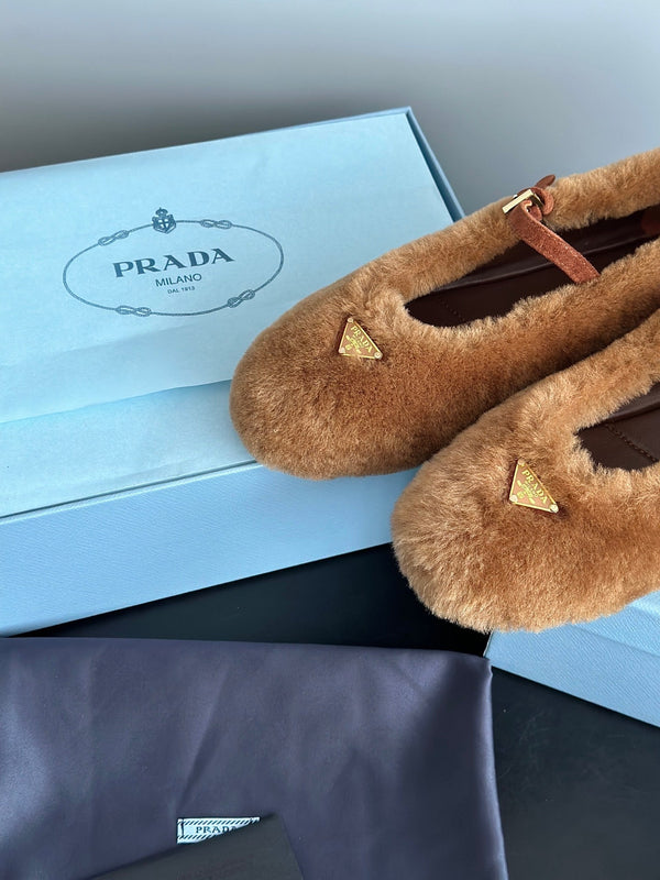 Prada 25s Mary Jane Ballet Flats Caramel Brown Wool 538455