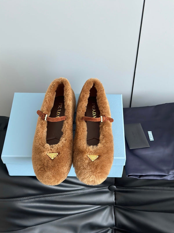 Prada 25s Mary Jane Ballet Flats Caramel Brown Wool 538455