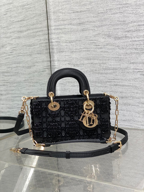 MINI BORSA DA DONNA 16 IN RASO NERO E PELLE DI VITELLO CON DISEGNO DI PERLINE