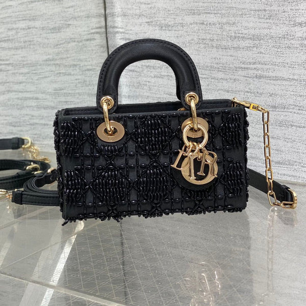 MINI BORSA DA DONNA 16 IN RASO NERO E PELLE DI VITELLO CON DISEGNO DI PERLINE