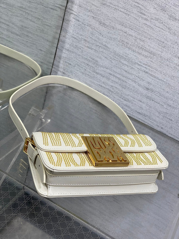 MINI BORSA CON PATTA 18 IN PELLE DI AGNELLO BIANCA CON STRASS ORO