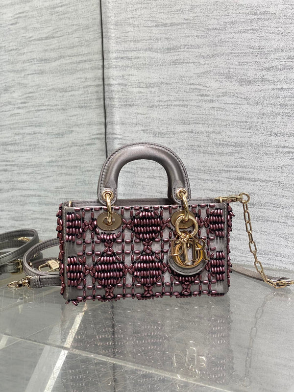 MINI BORSA DA DONNA 16 IN RASO MARRONE WENGE E PELLE DI VITELLO CON DISEGNO DI PERLINE