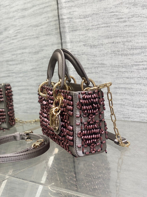 MINI BORSA DA DONNA 16 IN RASO MARRONE WENGE E PELLE DI VITELLO CON DISEGNO DI PERLINE