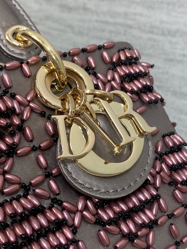 MINI BORSA DA DONNA 16 IN RASO MARRONE WENGE E PELLE DI VITELLO CON DISEGNO DI PERLINE