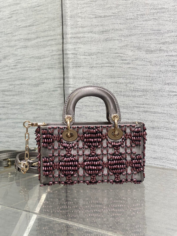 MINI BORSA DA DONNA 16 IN RASO MARRONE WENGE E PELLE DI VITELLO CON DISEGNO DI PERLINE