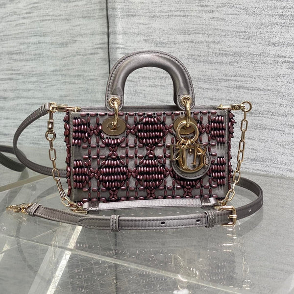 MINI BORSA DA DONNA 16 IN RASO MARRONE WENGE E PELLE DI VITELLO CON DISEGNO DI PERLINE