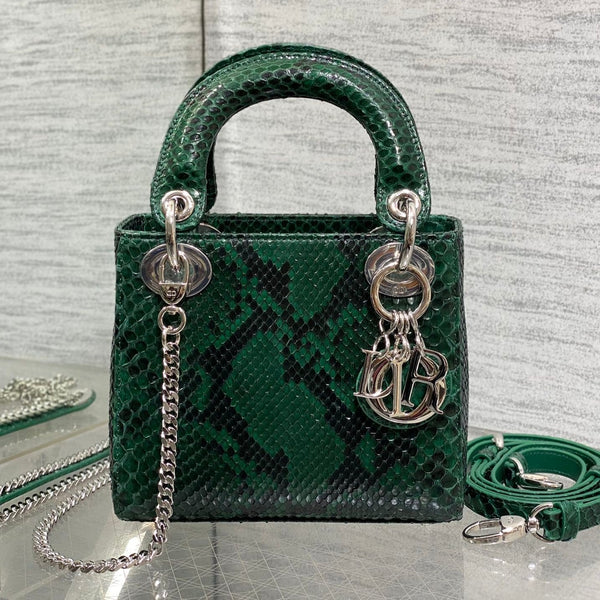 MINI 17 BORSA DA DONNA IN PELLE DI AGNELLO CON MOTIVO SERPENTE NERO E VERDE FORESTA