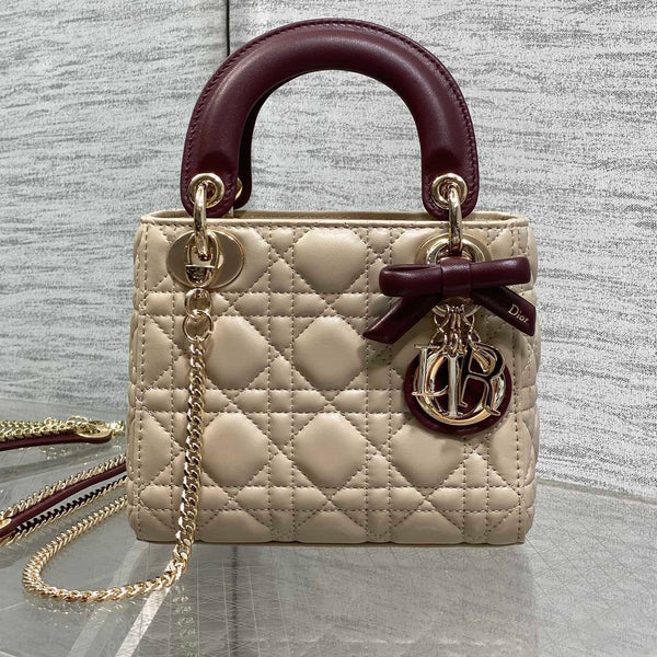 CD 2026 Mini Lady Dior Bag Beige Burugndy Lambskin 286583