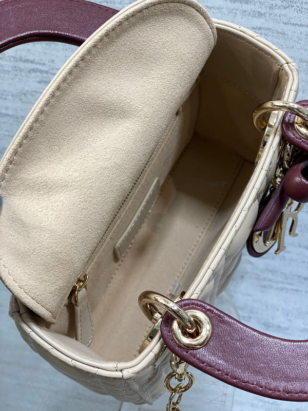 CD 2026 Mini Lady Dior Bag Beige Burugndy Lambskin 286583