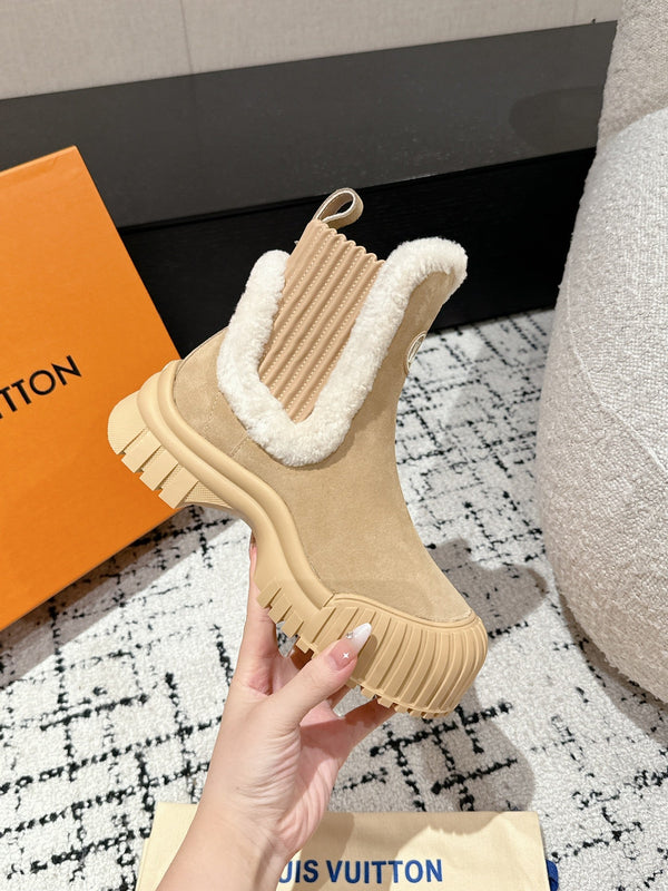 STIVALETTO RUBY FLAT IN CAMOSCIO MARRONE TORTILLA CON SHEARLING BIANCO