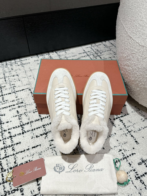 Sneaker LP Tennis Walk in pelle di agnello beige e bianca foderata in pile di lana 985660