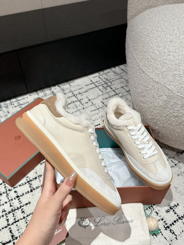 Sneaker LP Tennis Walk in pelle di agnello beige e bianca foderata in pile di lana 985660