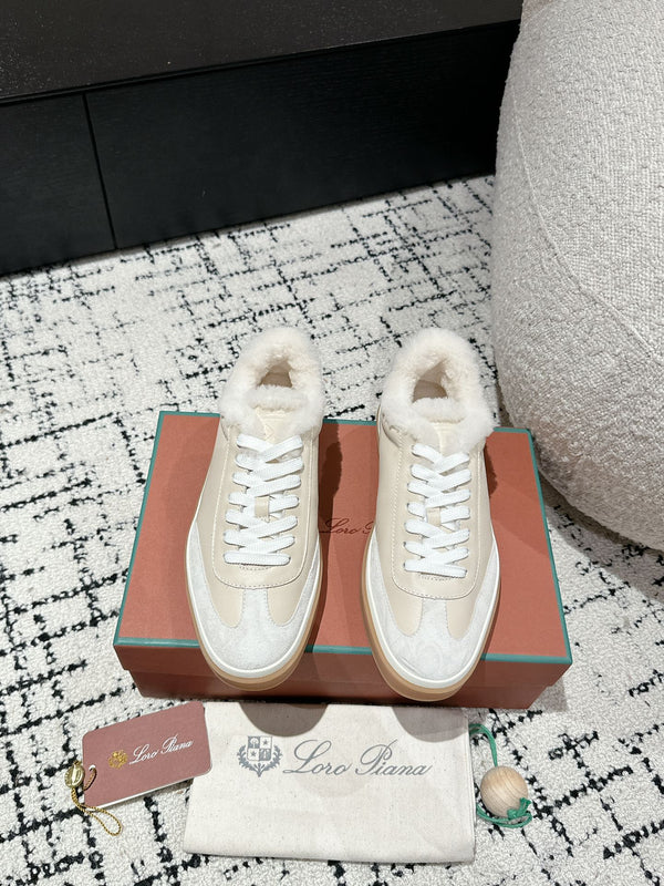 Sneaker LP Tennis Walk in pelle di agnello beige e bianca foderata in pile di lana 985660