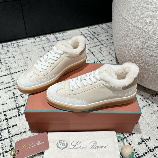 Sneaker LP Tennis Walk in pelle di agnello beige e bianca foderata in pile di lana 985660