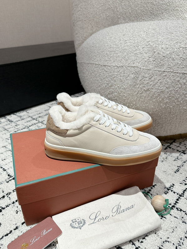 Sneaker LP Tennis Walk in pelle di agnello beige e bianca foderata in pile di lana 985660