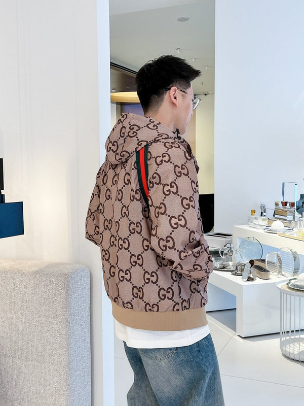 Gucci Men’s Zip Jacket With Web Beige Brown Cotton Technical Fabric