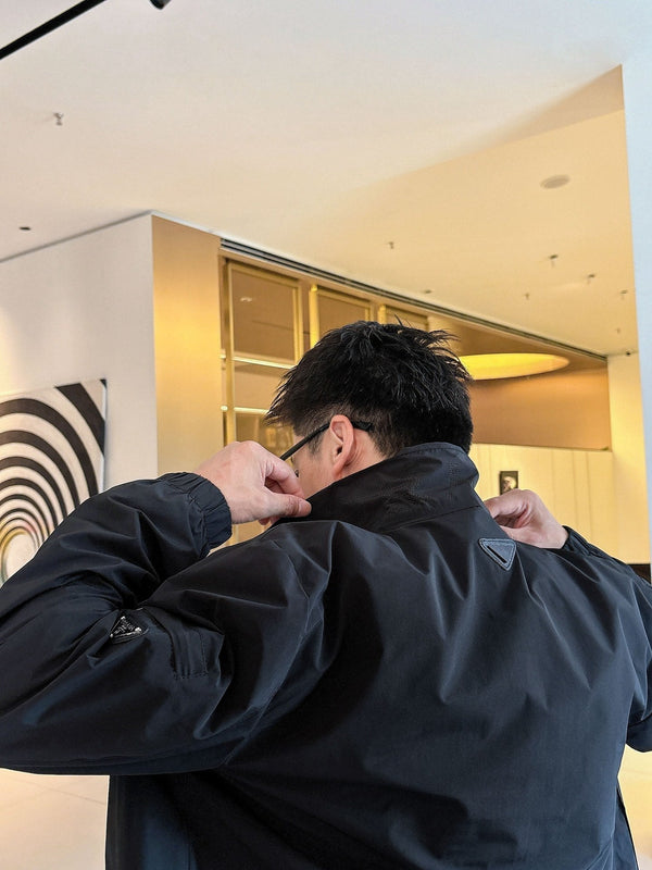 Prada Men’s Triangle-Logo Zip-Up Jacket Black Nylon Fabric