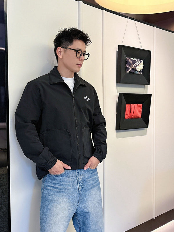 Prada Men’s Triangle-Logo Zip-Up Jacket Black Nylon Fabric