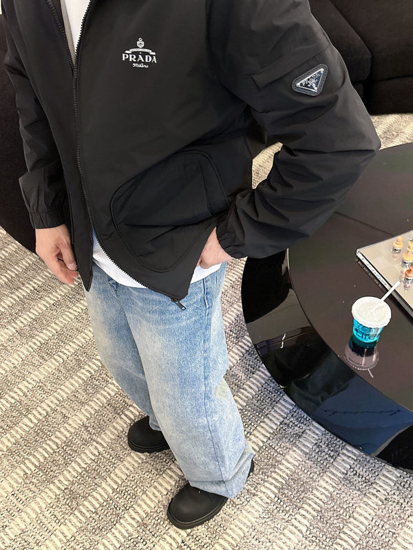 Prada Men’s Triangle-Logo Zip-Up Jacket Black Nylon Fabric