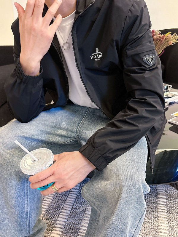 Prada Men’s Triangle-Logo Zip-Up Jacket Black Nylon Fabric