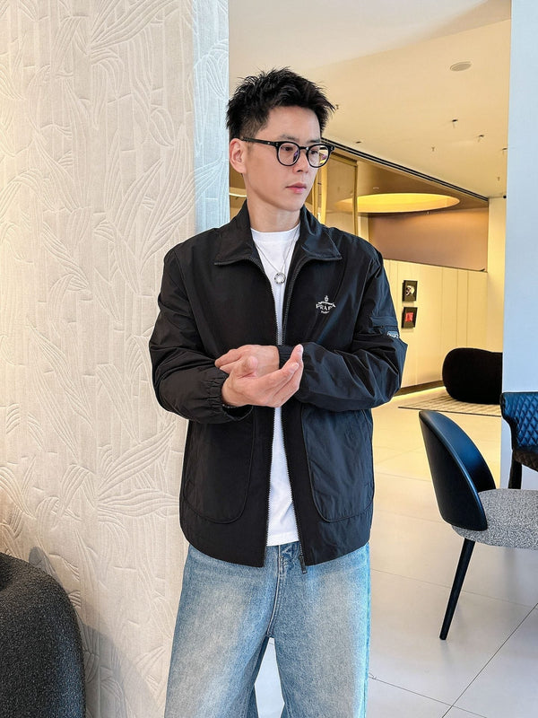 Prada Men’s Triangle-Logo Zip-Up Jacket Black Nylon Fabric