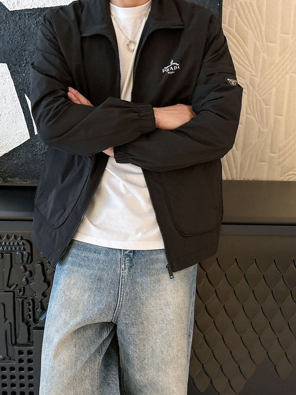 Prada Men’s Triangle-Logo Zip-Up Jacket Black Nylon Fabric