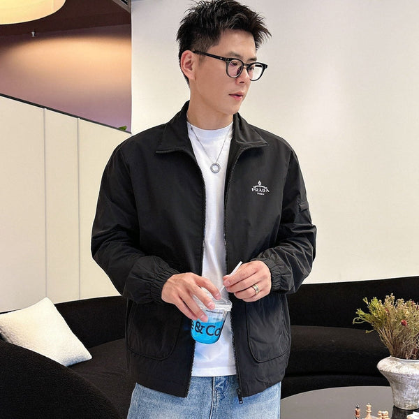 Prada Men’s Triangle-Logo Zip-Up Jacket Black Nylon Fabric