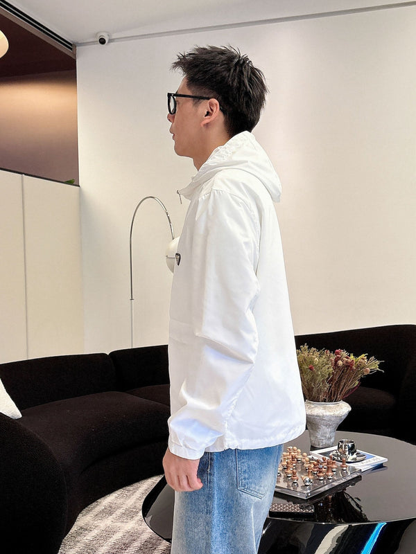 Prada Men’s Logo-Plaque Hooded Windbreaker White Nylon