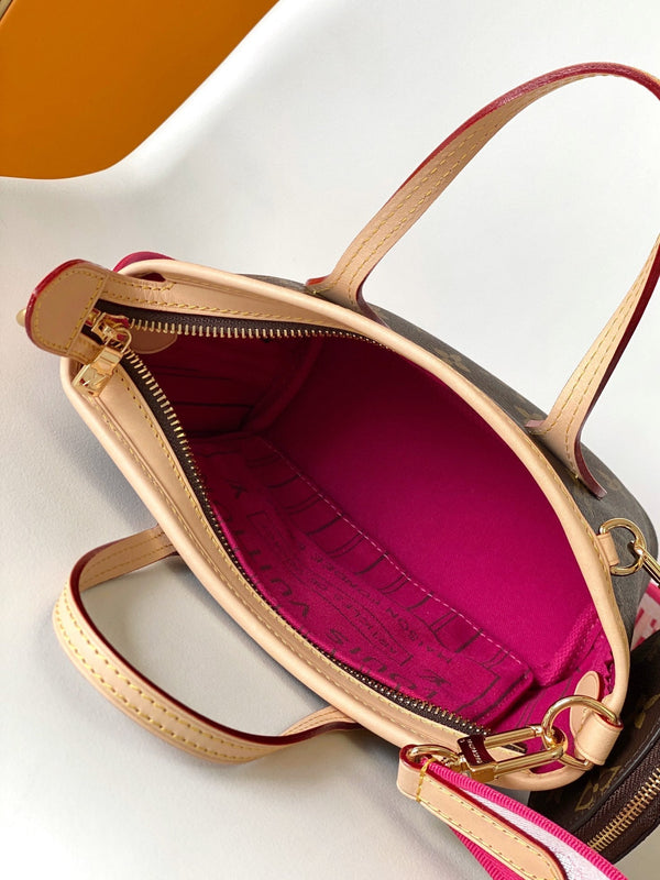 LV Neverfull BB Bag 24cm Brown Rose Red Monogram Canvas & Cowhide