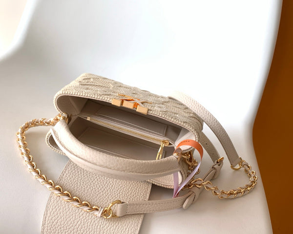 LV Capucine Mini Bag 21cm Vanilla Cotton Canvas Embroidered Pattern GHW