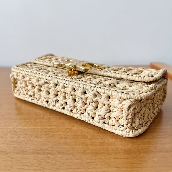 BORSA A TRACOLLA CON CATENA 20CM EFFETTO RAFIA TESSUTO NATURALE