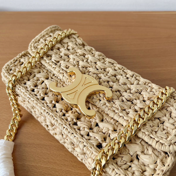 BORSA A TRACOLLA CON CATENA 20CM EFFETTO RAFIA TESSUTO NATURALE