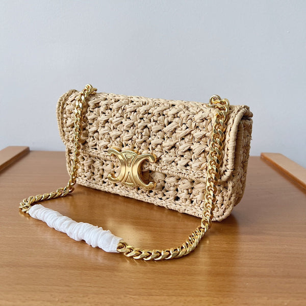 BORSA A TRACOLLA CON CATENA 20CM EFFETTO RAFIA TESSUTO NATURALE