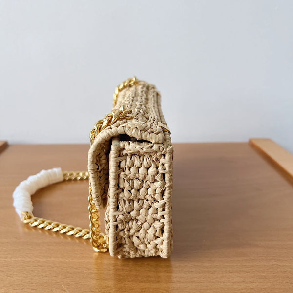 BORSA A TRACOLLA CON CATENA 20CM EFFETTO RAFIA TESSUTO NATURALE