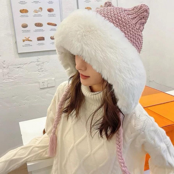 BERRETTO IN MAGLIA DI LANA ROSA CHIARO CON ORECCHIE DI GATTO GIAPPONESE 421258 