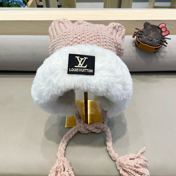 BERRETTO IN MAGLIA DI LANA ROSA CHIARO CON ORECCHIE DI GATTO GIAPPONESE 421258 