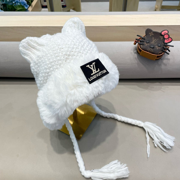 BERRETTO IN MAGLIA DI LANA BIANCA CON ORECCHIE DI GATTO GIAPPONESE 421259 