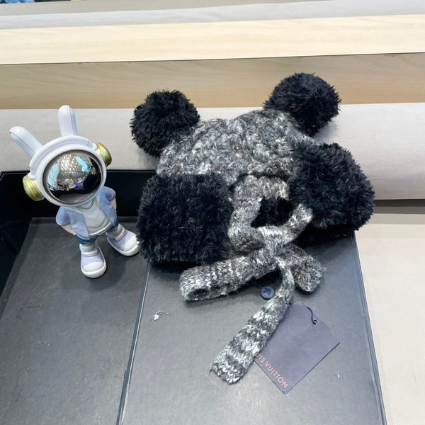 BERRETTO IN MAGLIA DI LANA GRIGIO MISTO NERO CON ORECCHIE DA ORSO CARINE 422498 