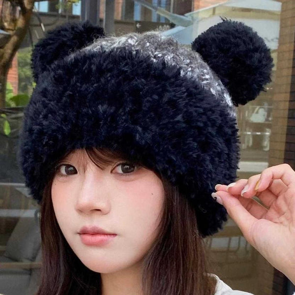 BERRETTO IN MAGLIA DI LANA GRIGIO MISTO NERO CON ORECCHIE DA ORSO CARINE 422498 