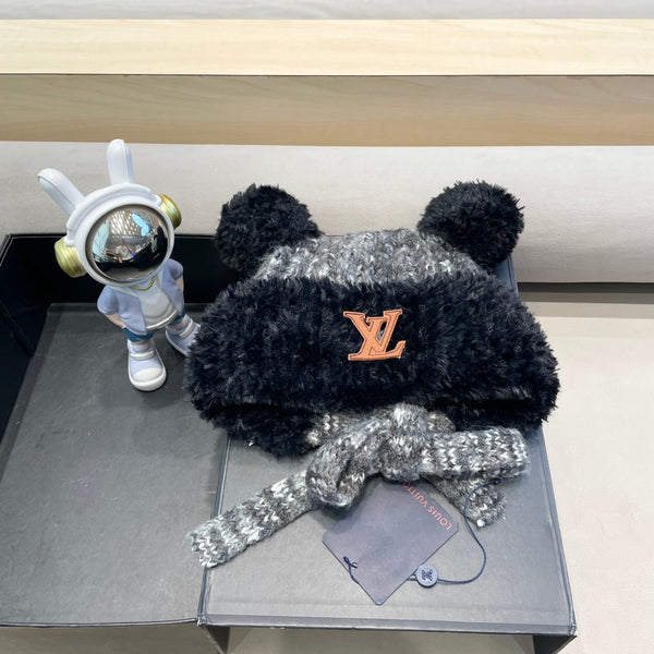 BERRETTO IN MAGLIA DI LANA GRIGIO MISTO NERO CON ORECCHIE DA ORSO CARINE 422498 