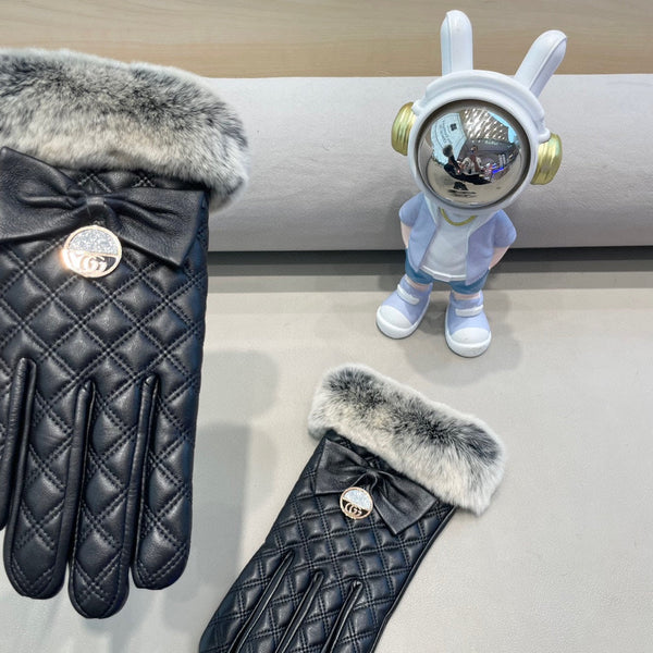 TOUCHSCREEN GLOVES WITH BOW IN BLACK RABBIT FUR MIX LAMBSKIN 463796