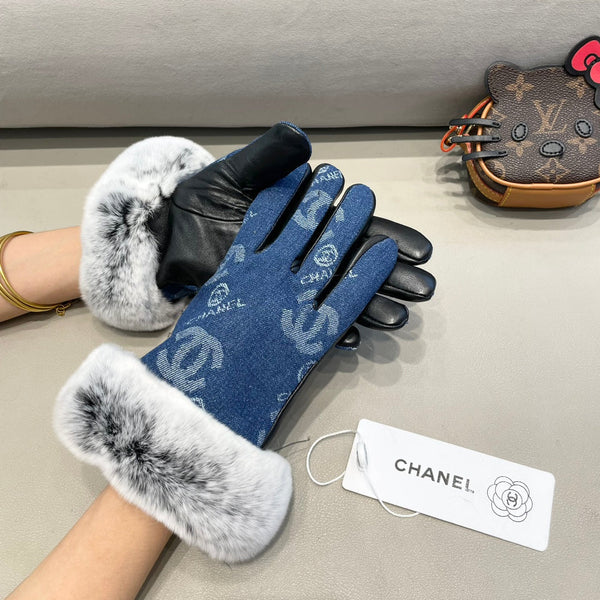 GLOVES IN NAVY BLUE DENIM AND BLACK CALFSKIN 463798