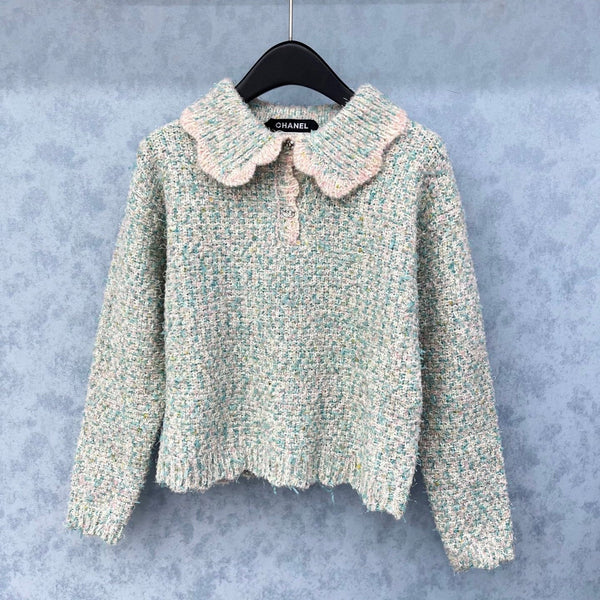 CC 2025 Pull Col Pétale Bleu Rose Laine 325851