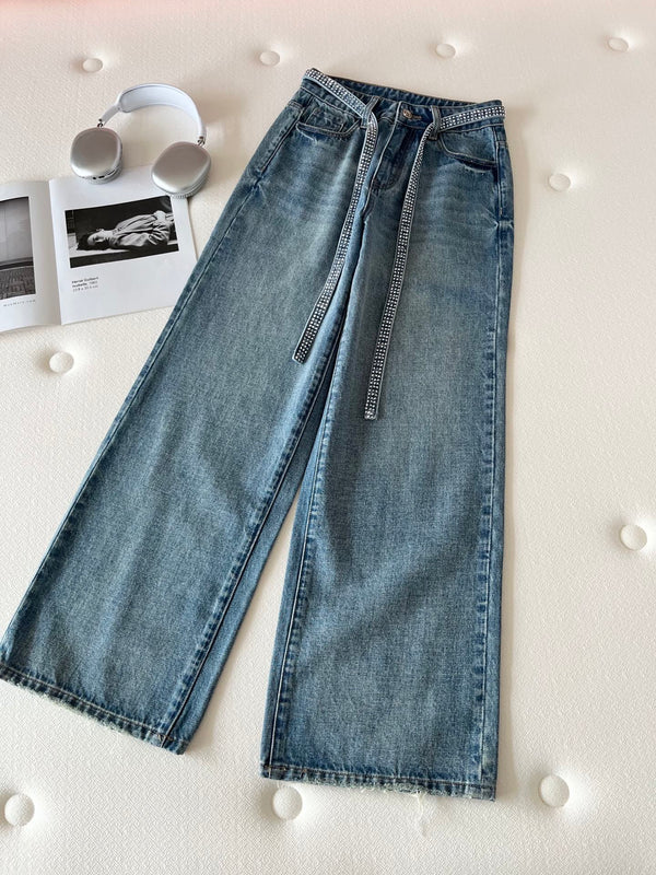 CC Jean large en denim bleu à ceinture en strass 351177