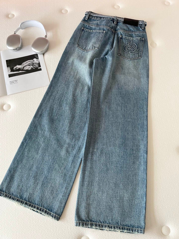 CC Jean large en denim bleu à ceinture en strass 351177