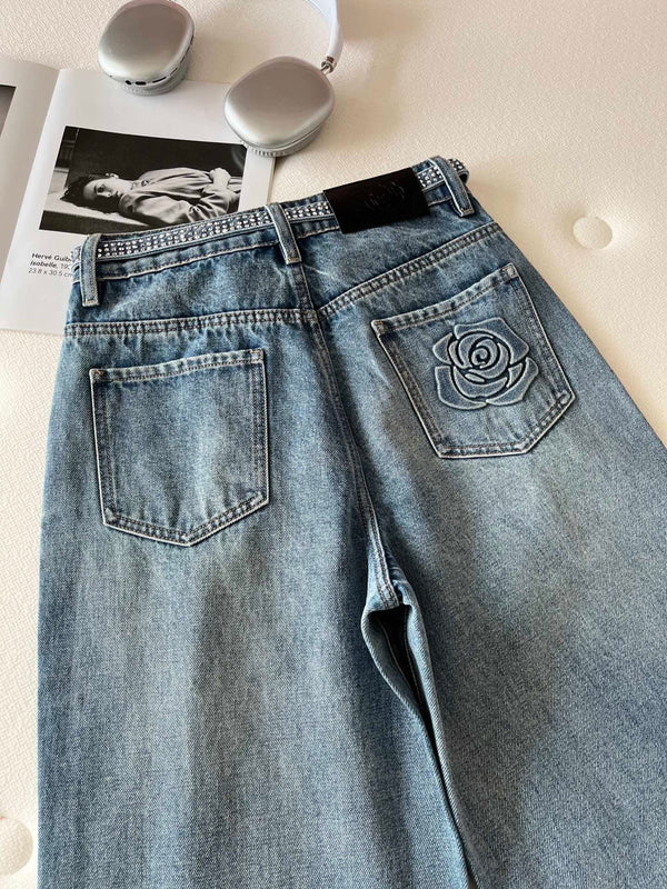 CC Jean large en denim bleu à ceinture en strass 351177