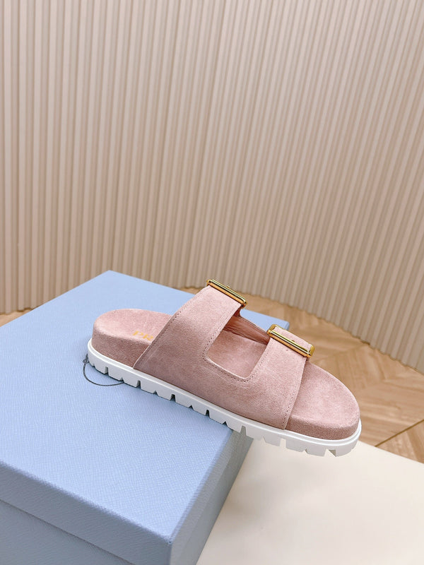 Double Buckle Strap Slides 20 Pink Suede