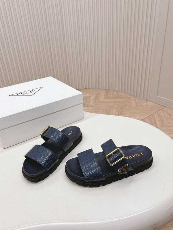 SANDALI CIABATTE PRA CON MOTIVO COCCODRILLO IN PELLE DI VITELLO BLU MARINO